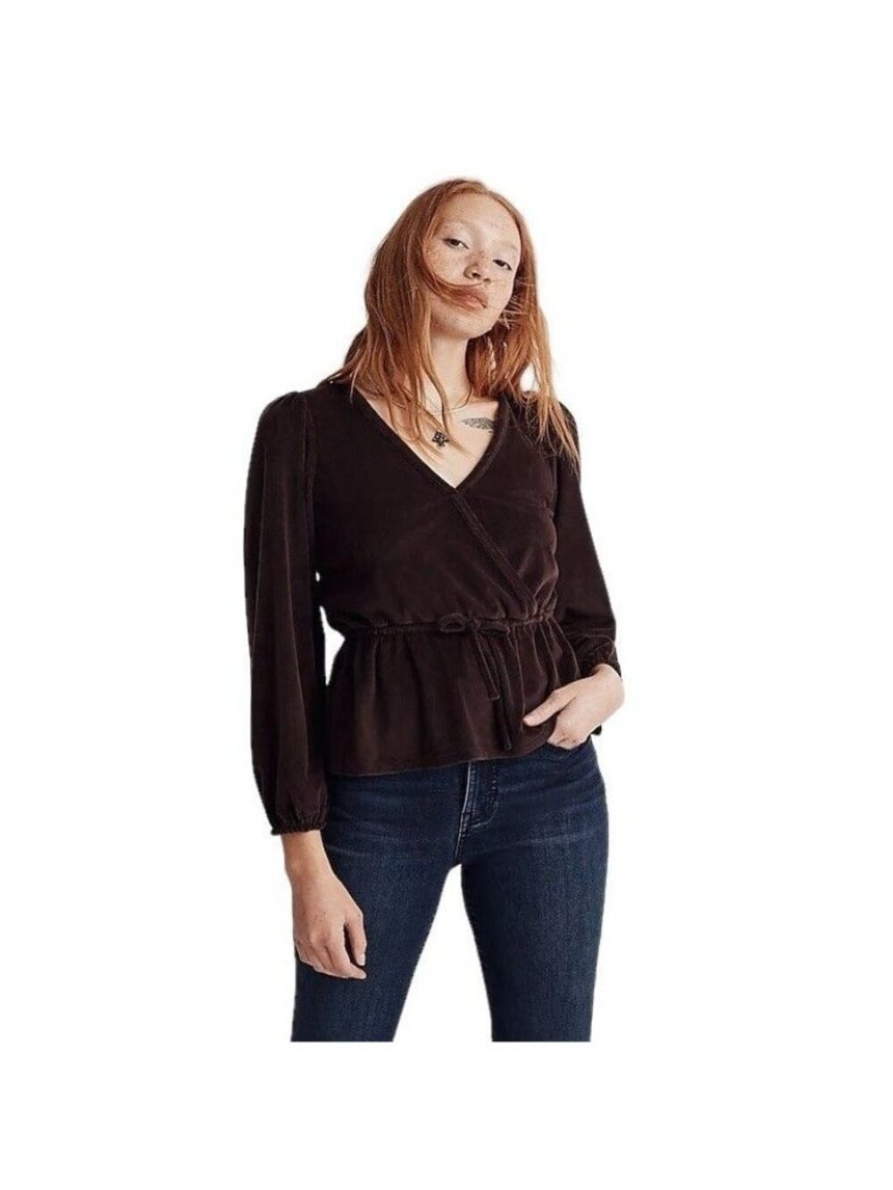 Madewell Top Womens Size M Corduroy Tie Front Faux Wrap Peplum Career Office